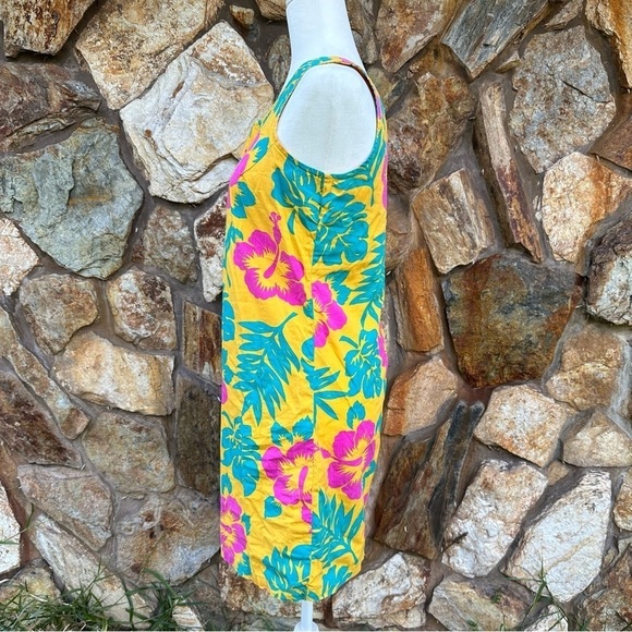 Vintage Blue Water Yellow Floral Dress Tropical Sleeveless Beach Vacation Mini S - Picture 6 of 15